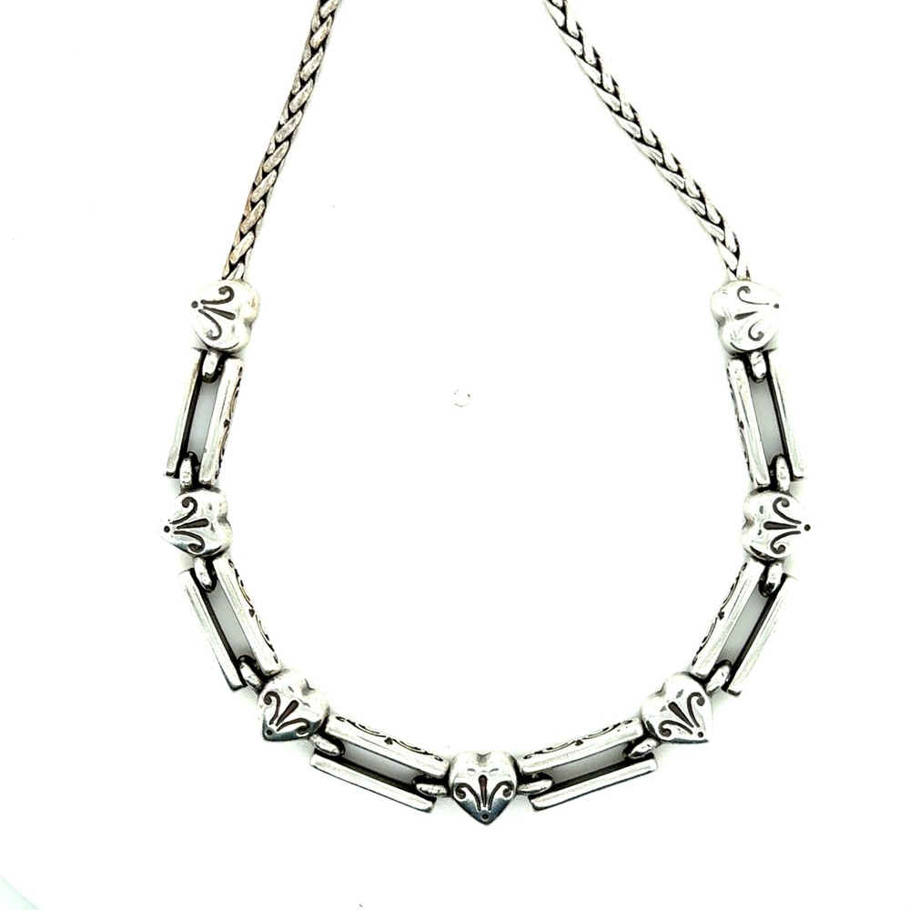 Brighton Silver Tone Heart Scroll Bar Link Woven Chain Necklace 16-17.5"